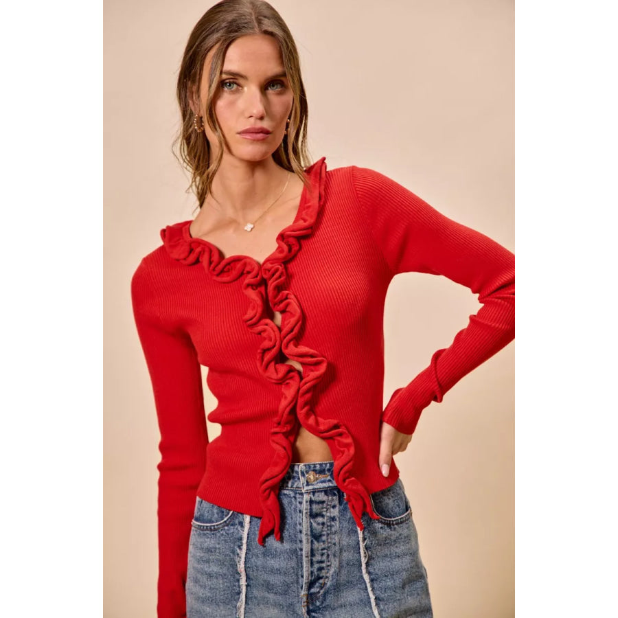 SO ME Cascade Ruffle Ribbed Sweater Cardgian Apparel and Accessories