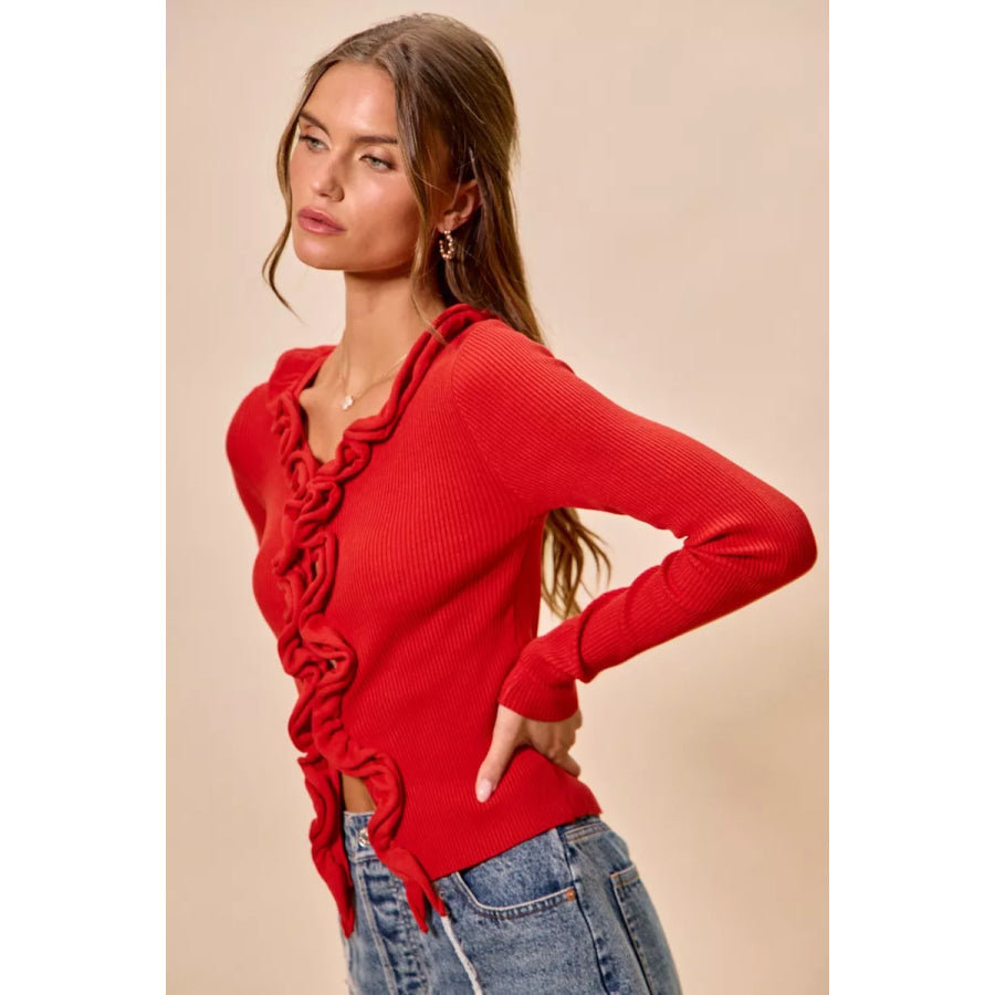 SO ME Cascade Ruffle Ribbed Sweater Cardgian Apparel and Accessories