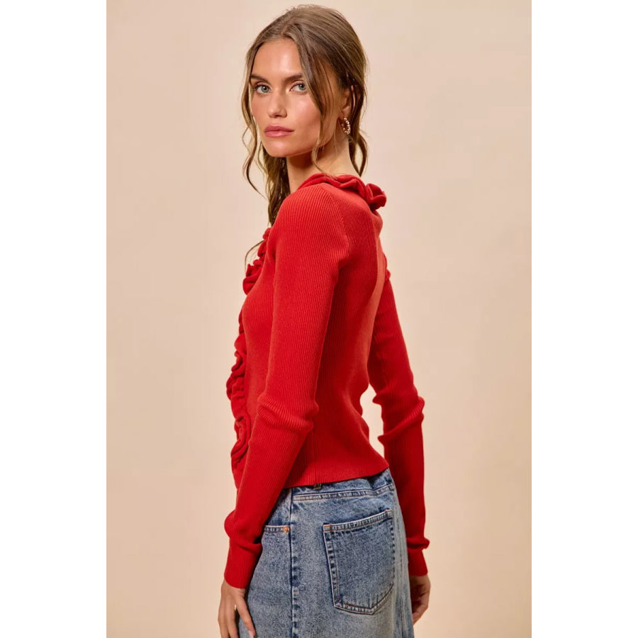 SO ME Cascade Ruffle Ribbed Sweater Cardgian Apparel and Accessories