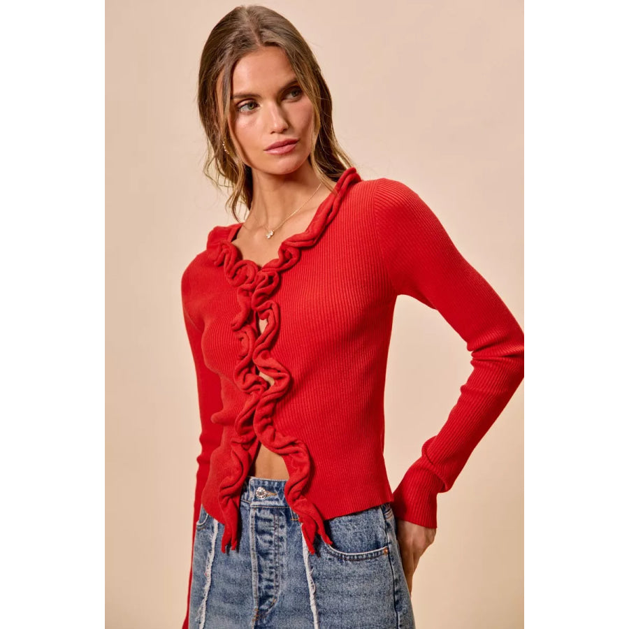 SO ME Cascade Ruffle Ribbed Sweater Cardgian Apparel and Accessories