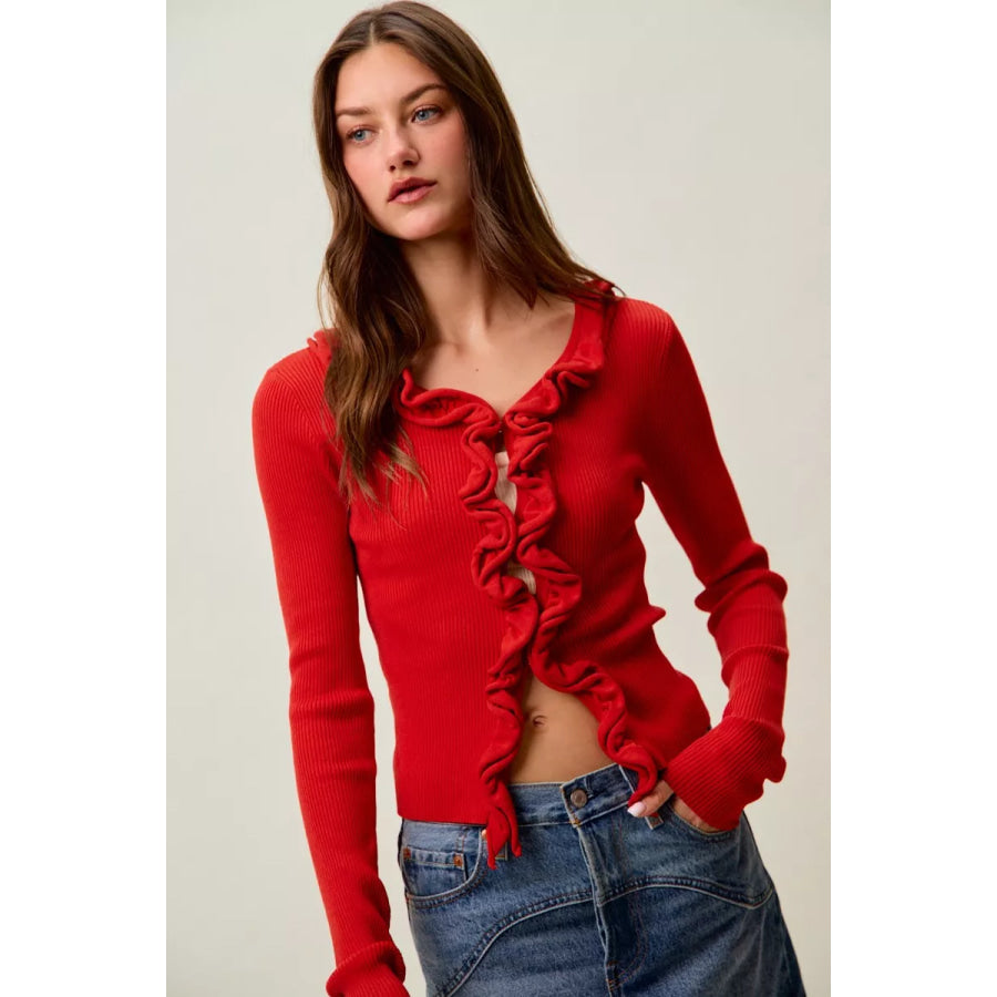 SO ME Cascade Ruffle Ribbed Sweater Cardgian Apparel and Accessories