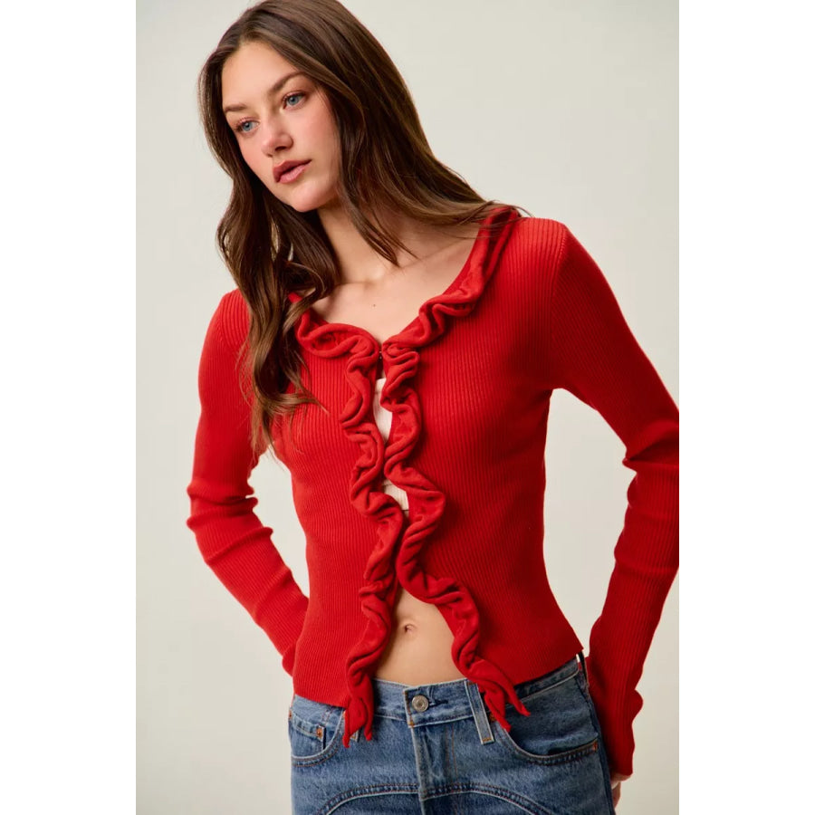 SO ME Cascade Ruffle Ribbed Sweater Cardgian Apparel and Accessories