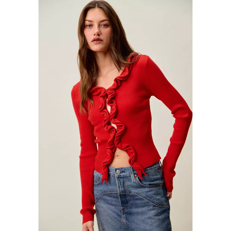 SO ME Cascade Ruffle Ribbed Sweater Cardgian Apparel and Accessories
