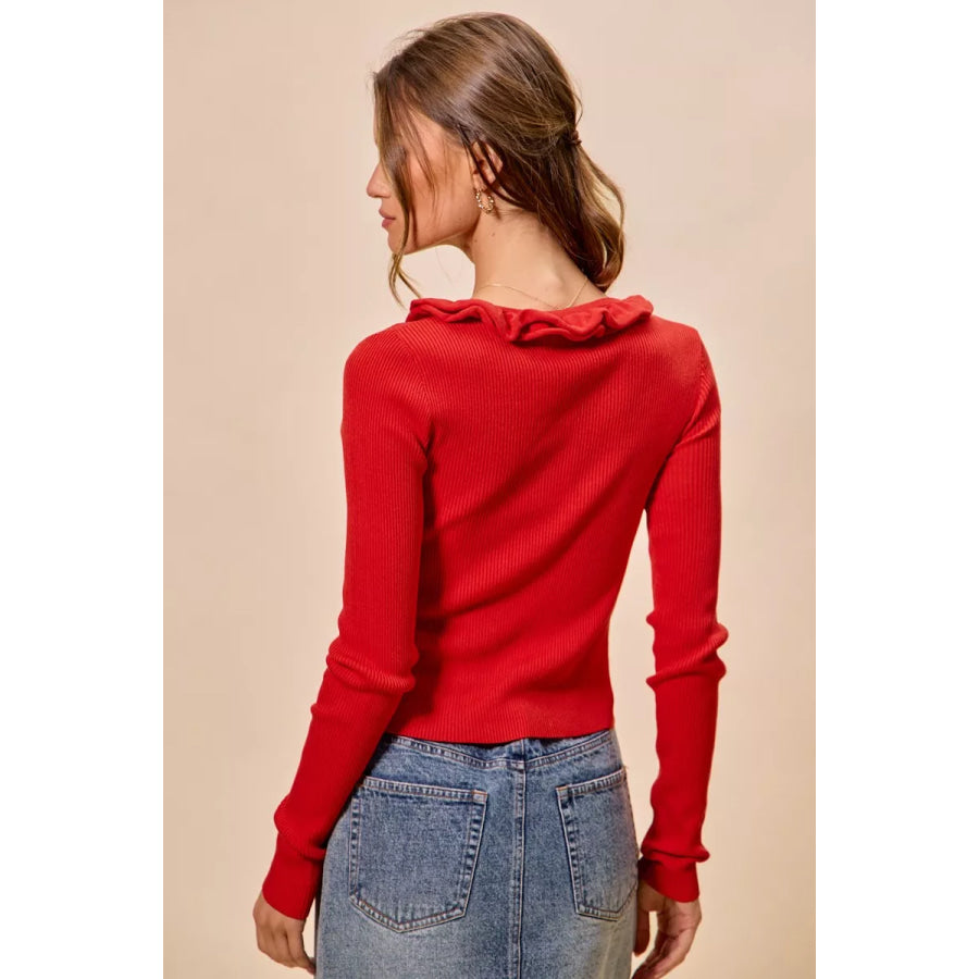 SO ME Cascade Ruffle Ribbed Sweater Cardgian Apparel and Accessories