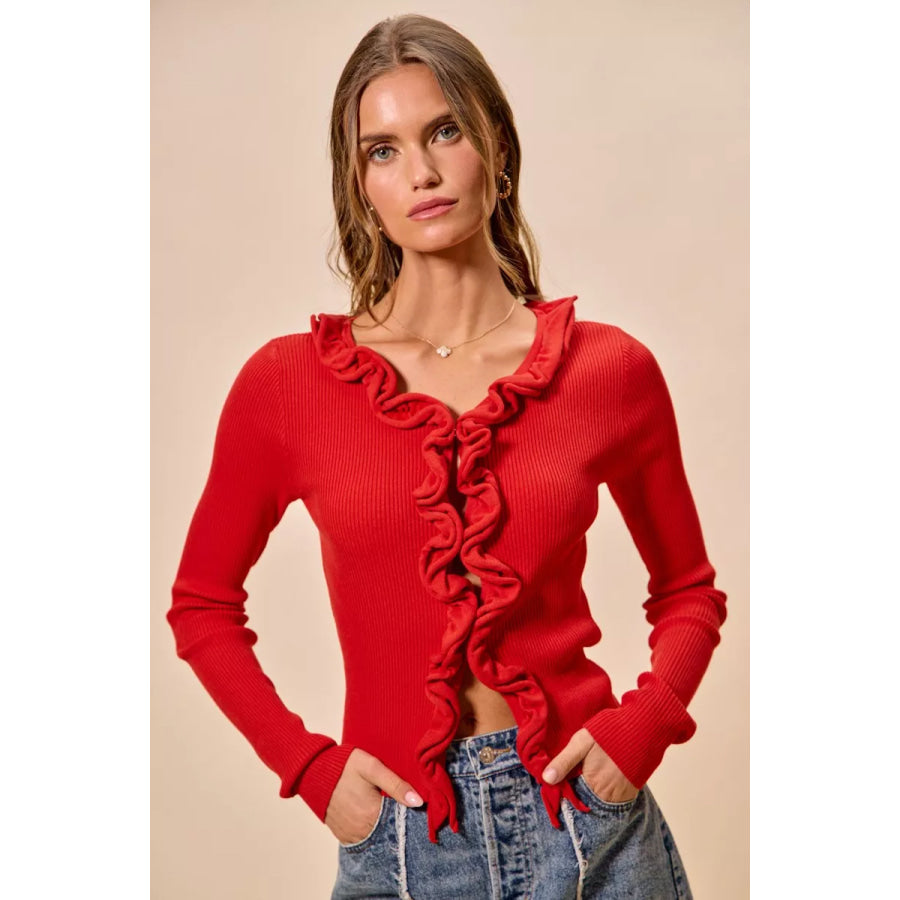 SO ME Cascade Ruffle Ribbed Sweater Cardgian Apparel and Accessories