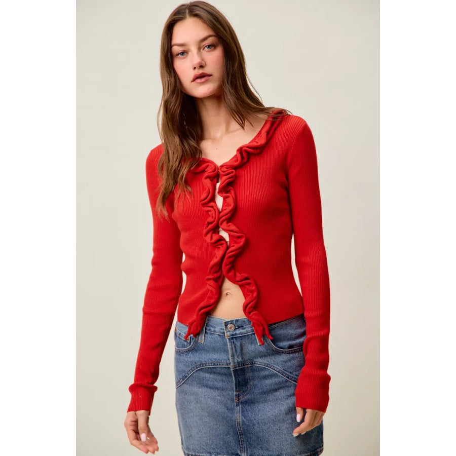 SO ME Cascade Ruffle Ribbed Sweater Cardgian Apparel and Accessories