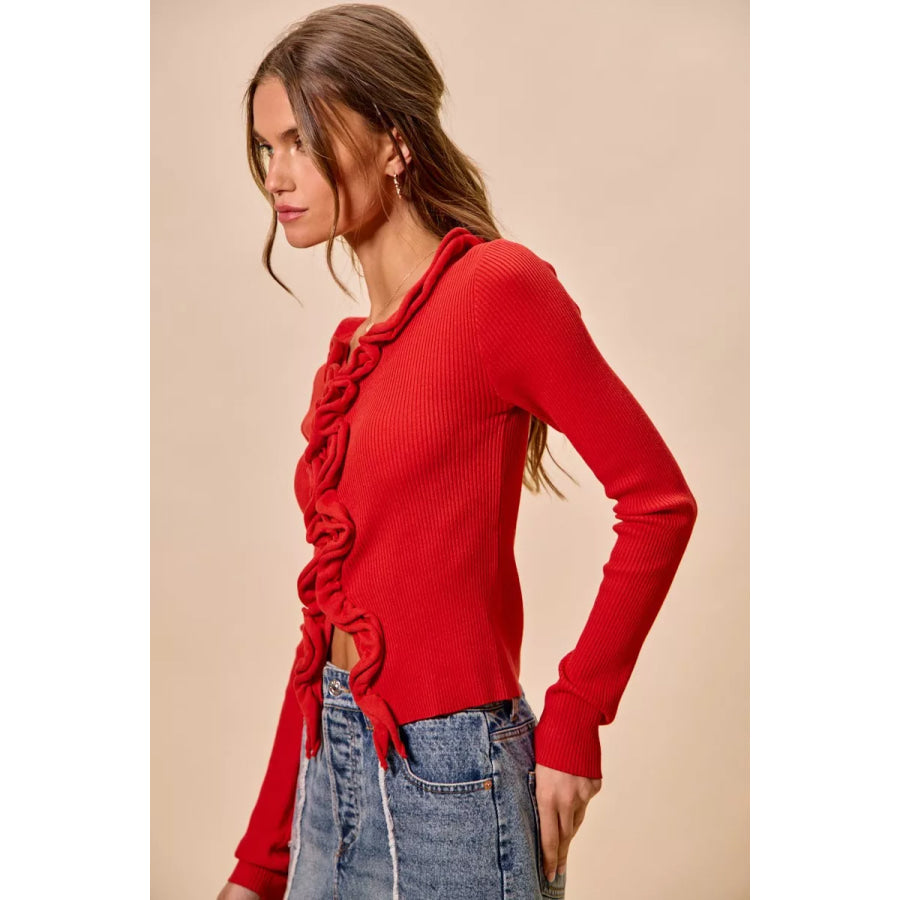 SO ME Cascade Ruffle Ribbed Sweater Cardgian Apparel and Accessories