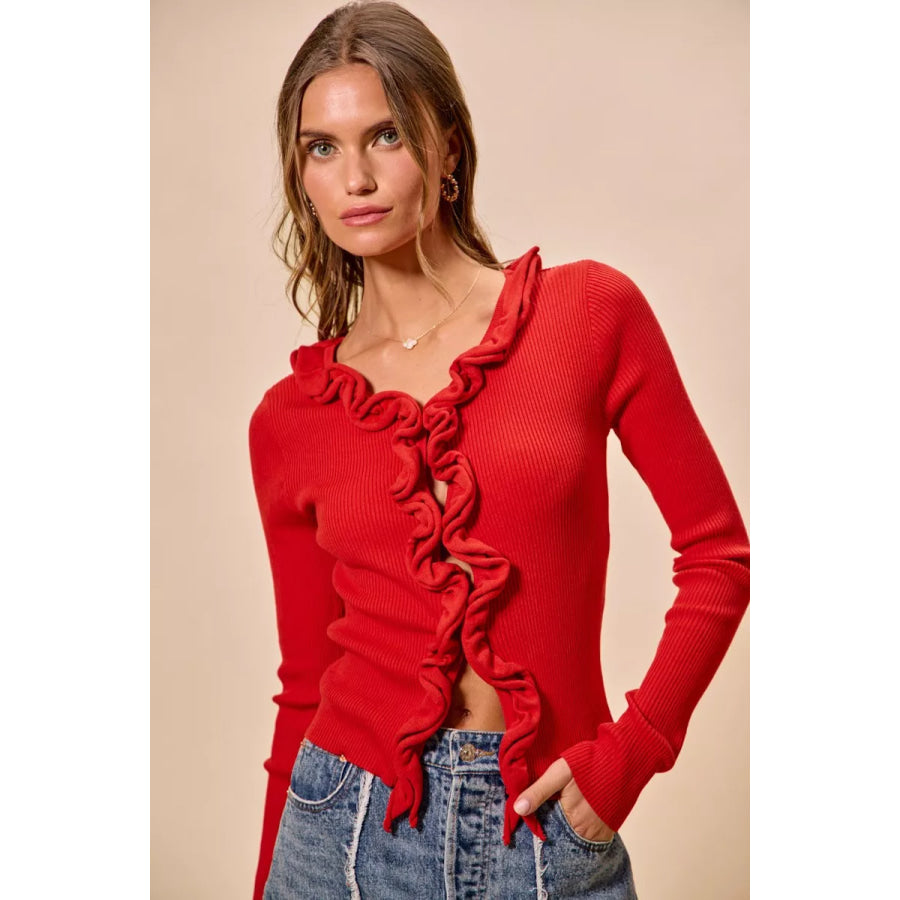 SO ME Cascade Ruffle Ribbed Sweater Cardgian Apparel and Accessories
