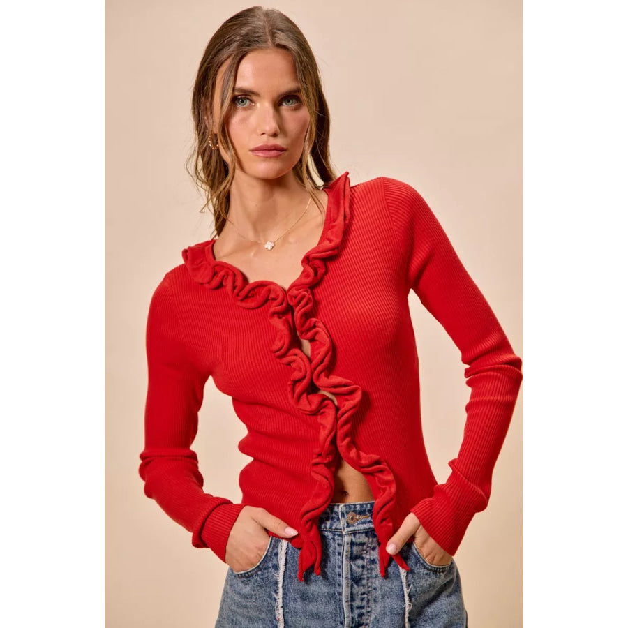 SO ME Cascade Ruffle Ribbed Sweater Cardgian RED CORAL / S Apparel and Accessories