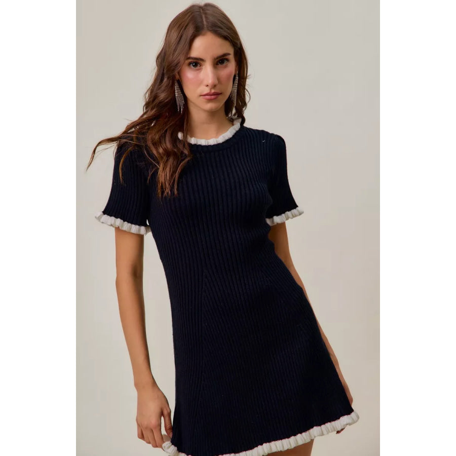 SO ME Contrast Ruffled Sweater Knit Mini Dress Apparel and Accessories