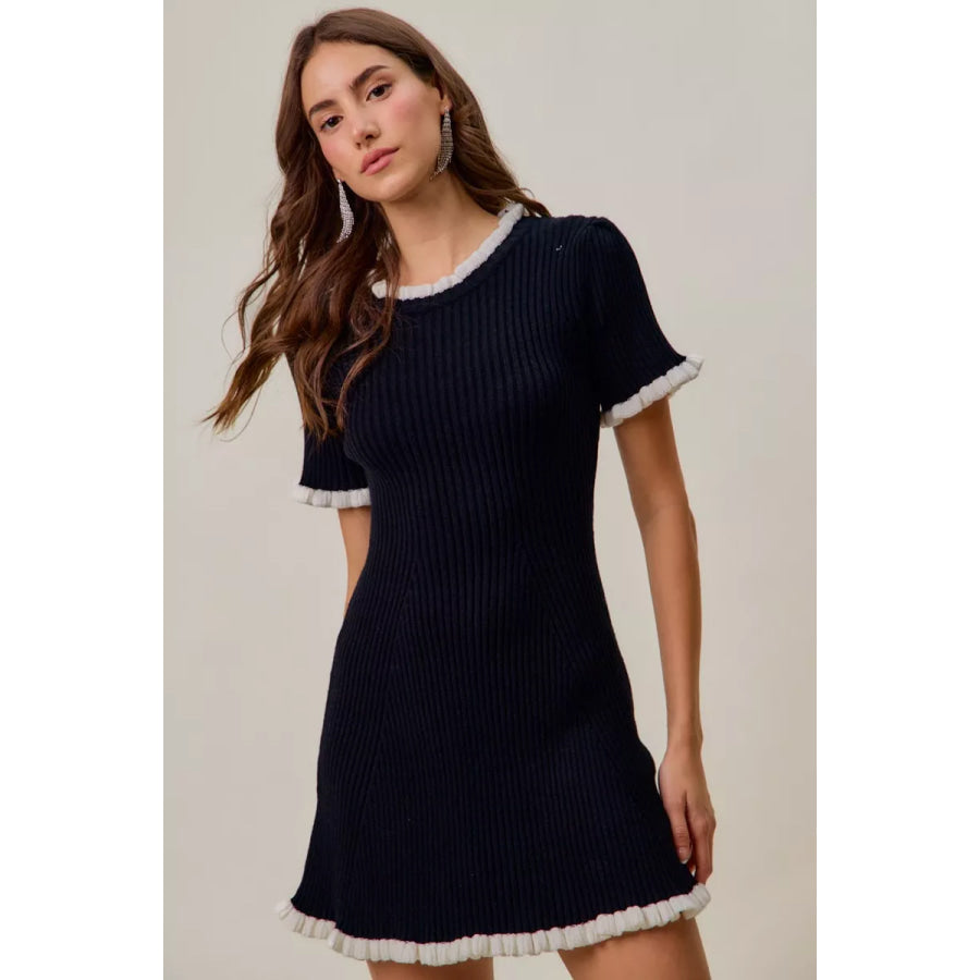 SO ME Contrast Ruffled Sweater Knit Mini Dress Apparel and Accessories