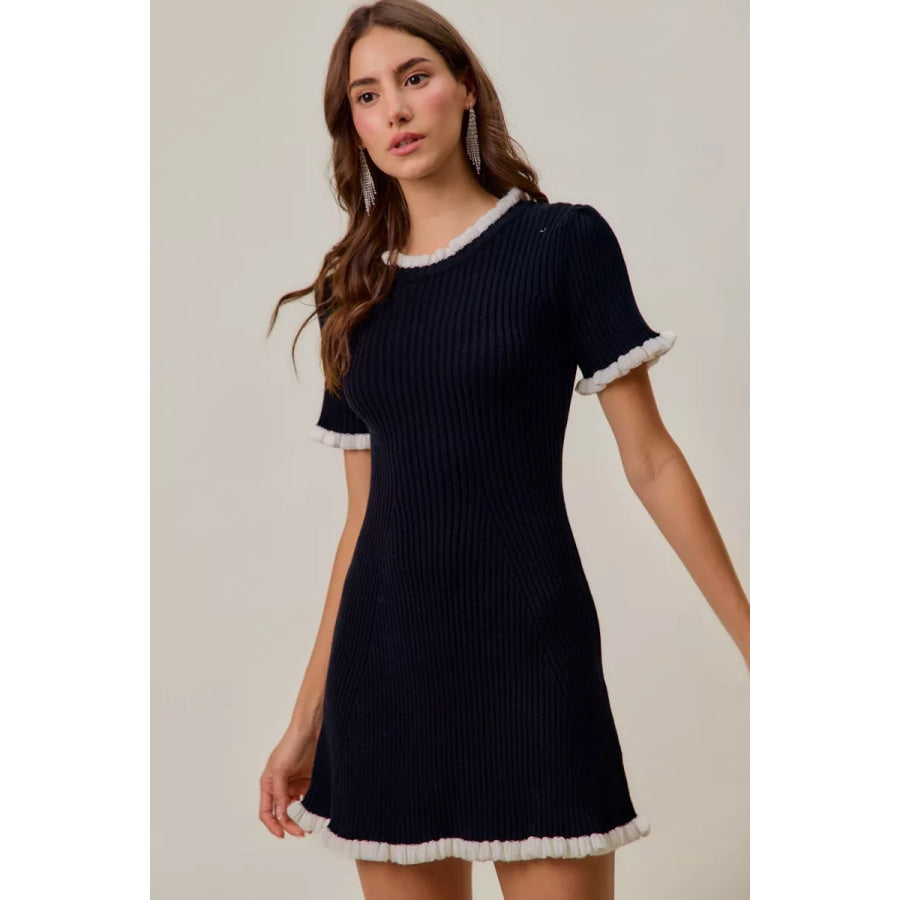 SO ME Contrast Ruffled Sweater Knit Mini Dress Apparel and Accessories