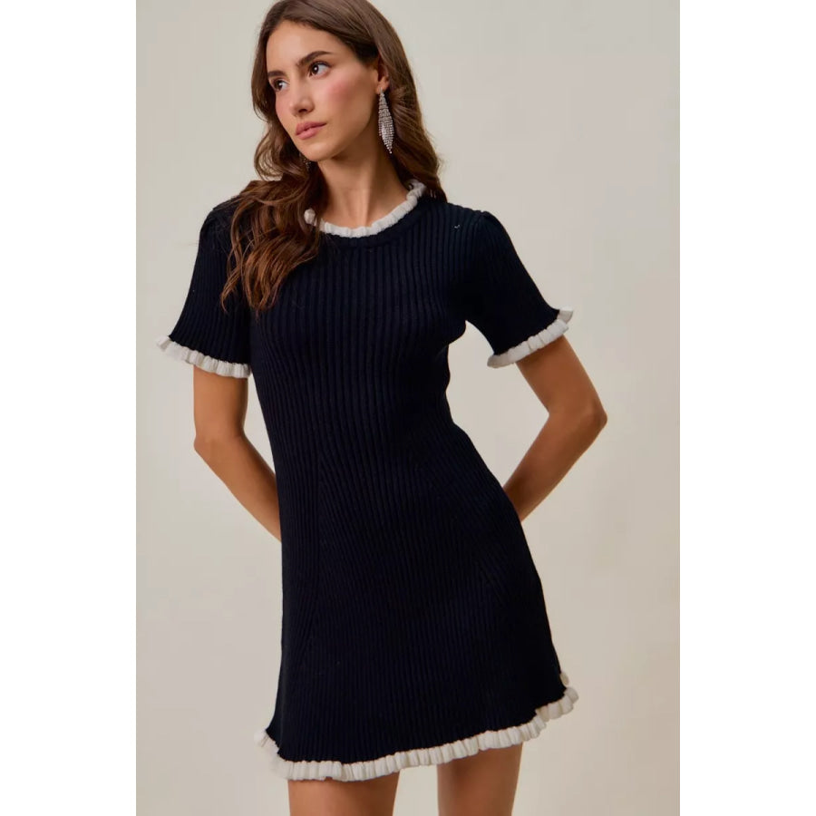 SO ME Contrast Ruffled Sweater Knit Mini Dress Apparel and Accessories