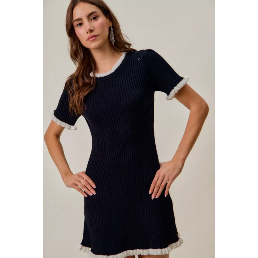 SO ME Contrast Ruffled Sweater Knit Mini Dress Apparel and Accessories