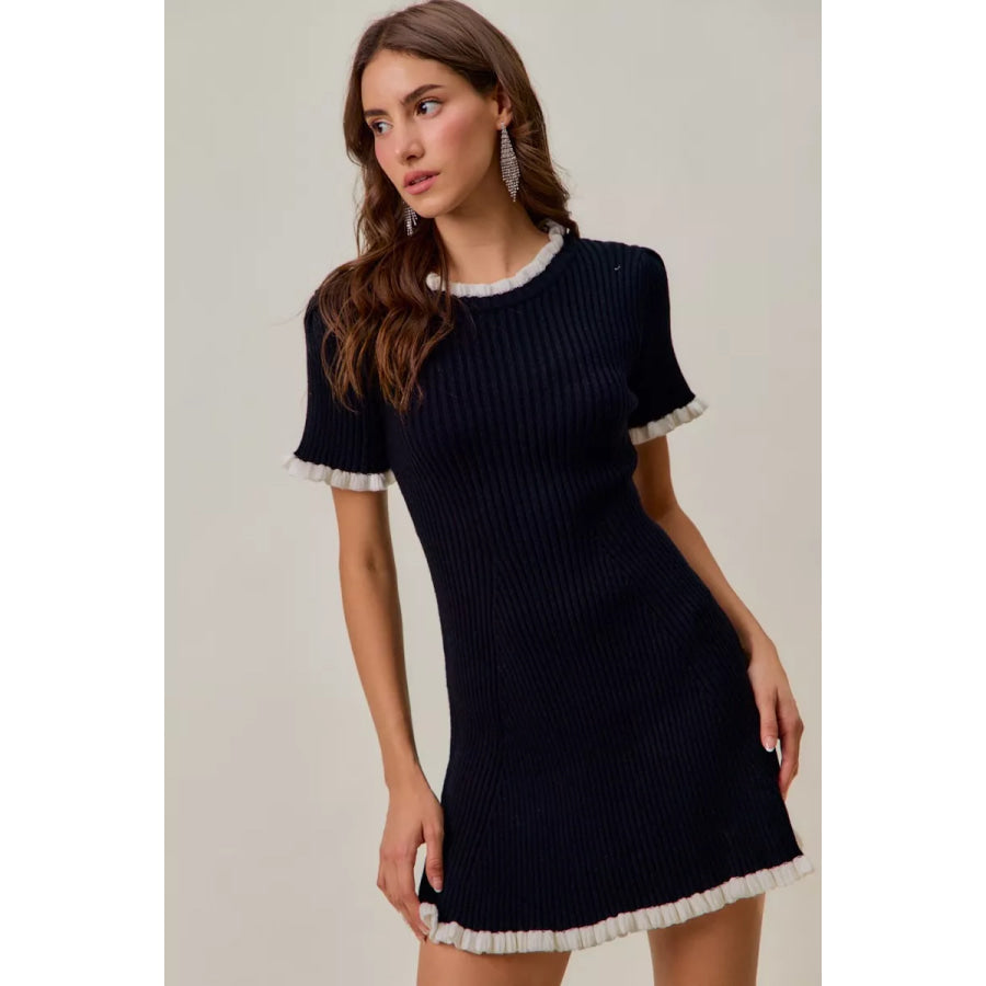 SO ME Contrast Ruffled Sweater Knit Mini Dress BLACK/WHITE / S Apparel and Accessories