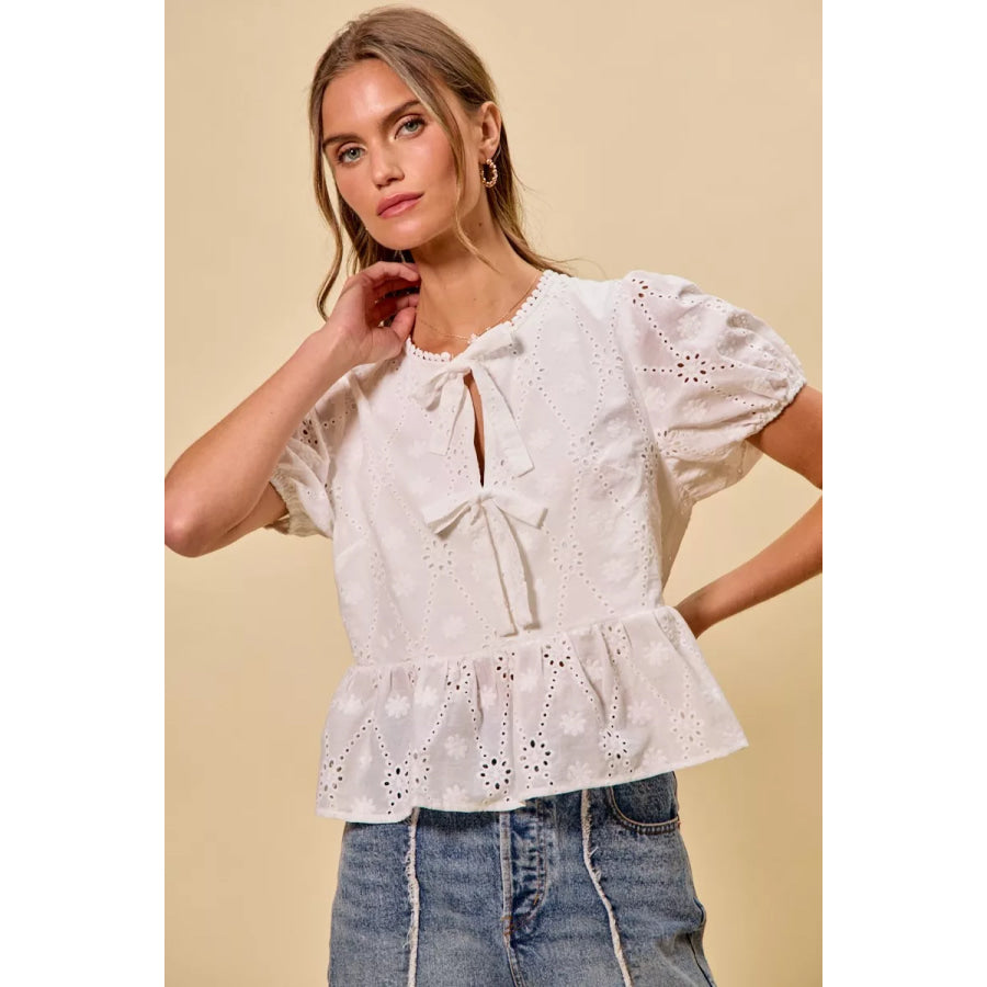 SO ME Cotton Eyelet Front Tie Short Sleeves Blouse Apparel and Accessories