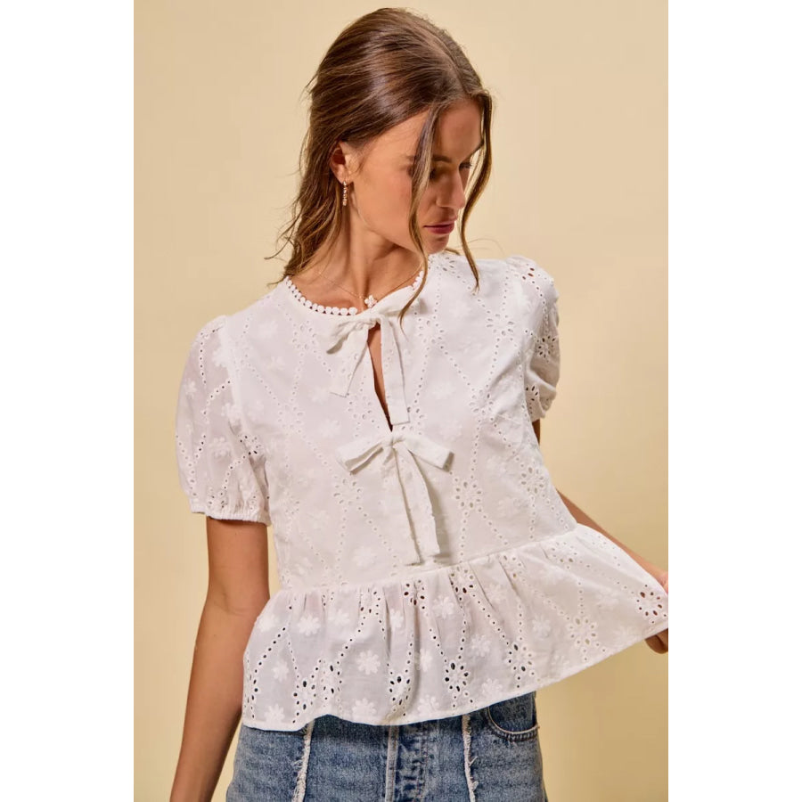 SO ME Cotton Eyelet Front Tie Short Sleeves Blouse Apparel and Accessories