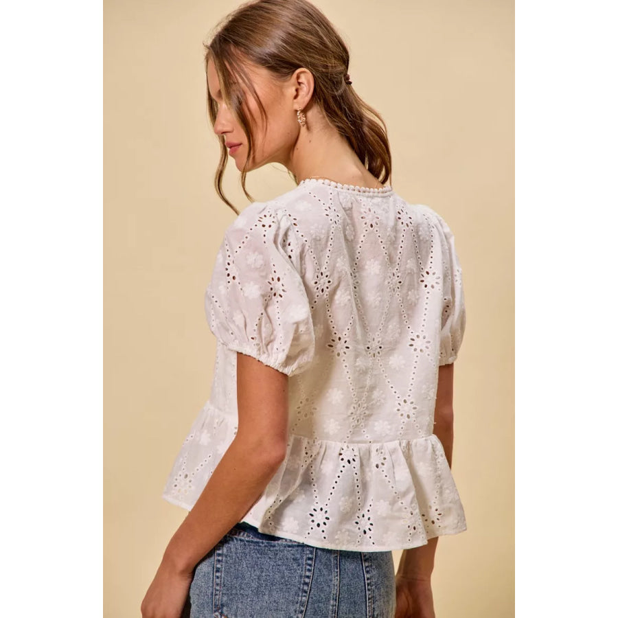 SO ME Cotton Eyelet Front Tie Short Sleeves Blouse Apparel and Accessories