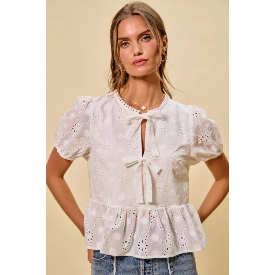 SO ME Cotton Eyelet Front Tie Short Sleeves Blouse Apparel and Accessories