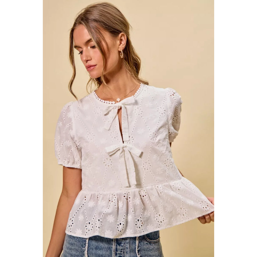 SO ME Cotton Eyelet Front Tie Short Sleeves Blouse Apparel and Accessories