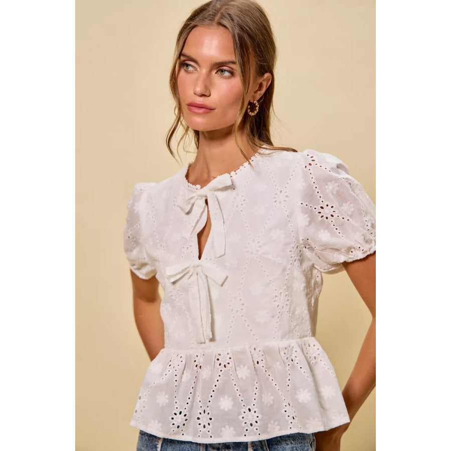 SO ME Cotton Eyelet Front Tie Short Sleeves Blouse Apparel and Accessories