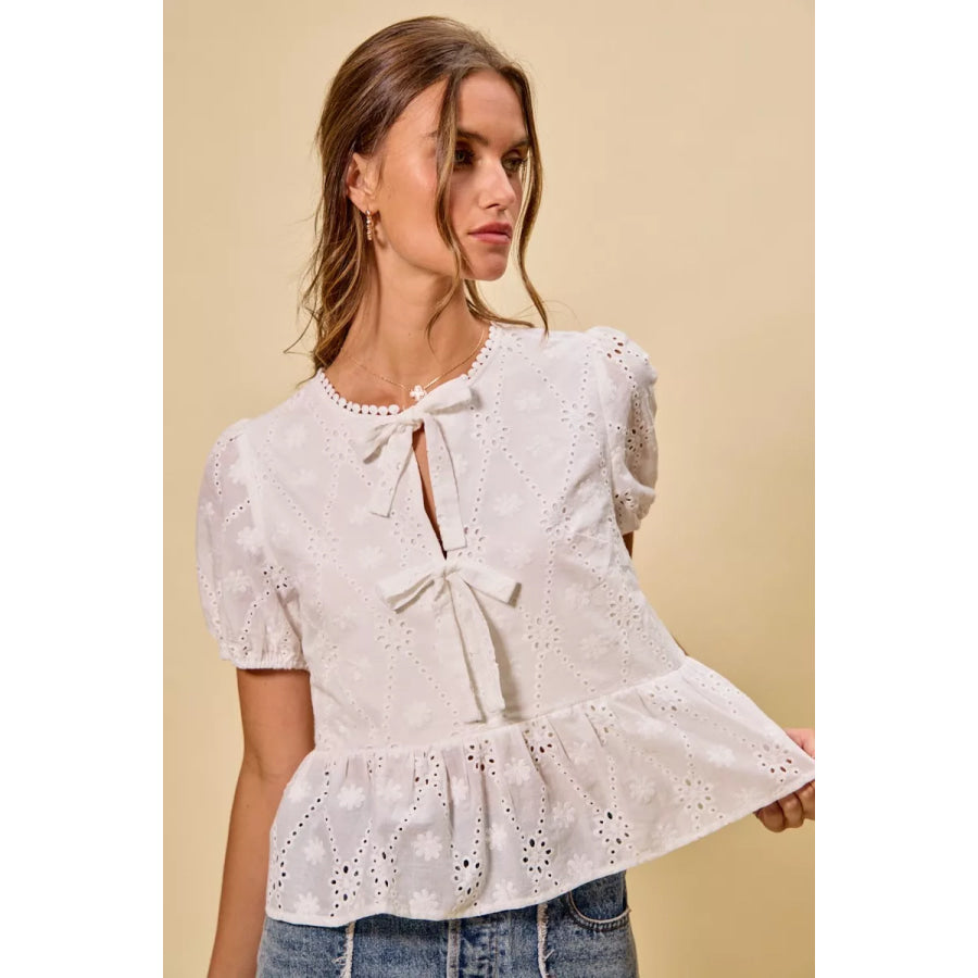 SO ME Cotton Eyelet Front Tie Short Sleeves Blouse Apparel and Accessories