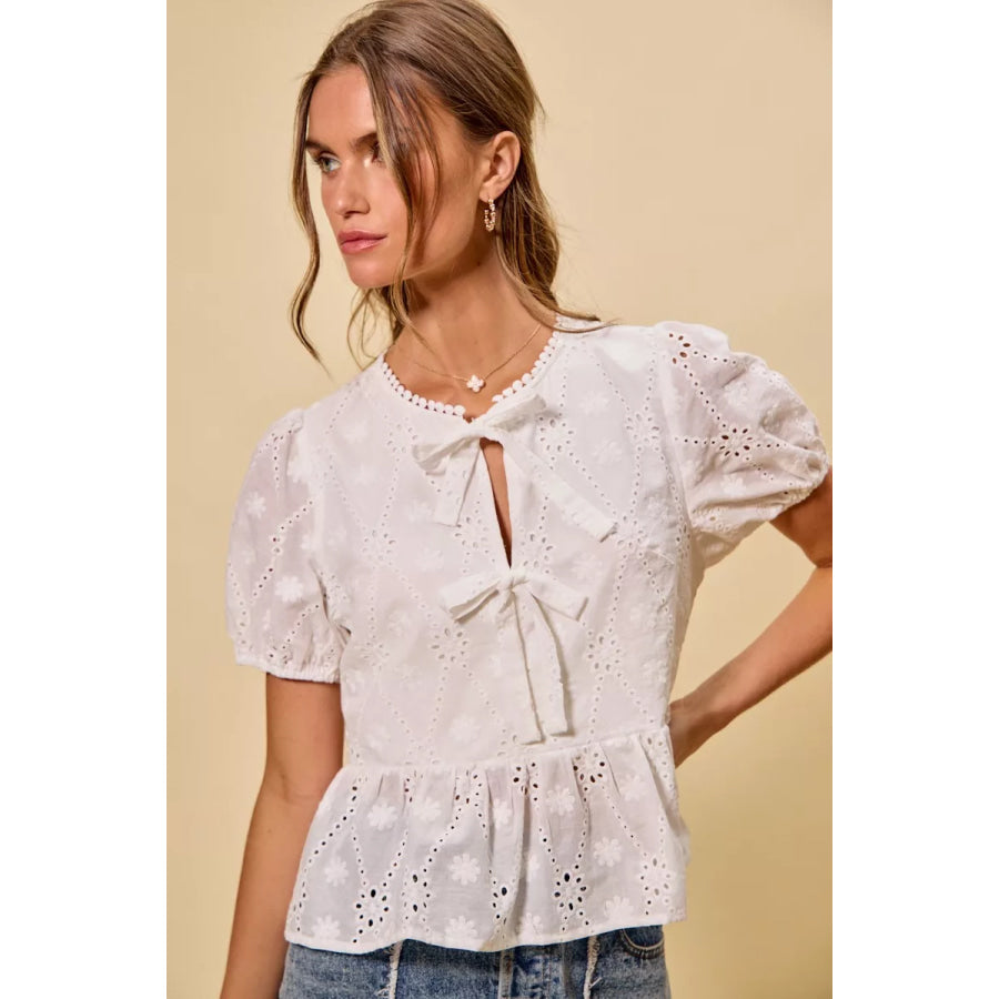 SO ME Cotton Eyelet Front Tie Short Sleeves Blouse Apparel and Accessories