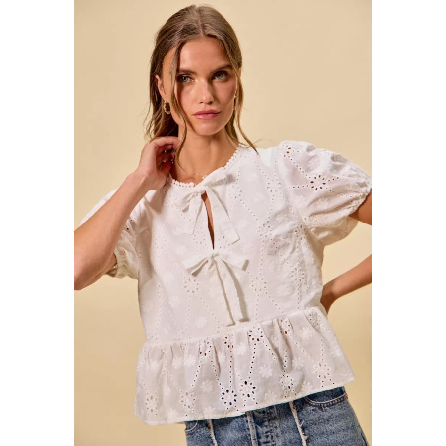 SO ME Cotton Eyelet Front Tie Short Sleeves Blouse Apparel and Accessories