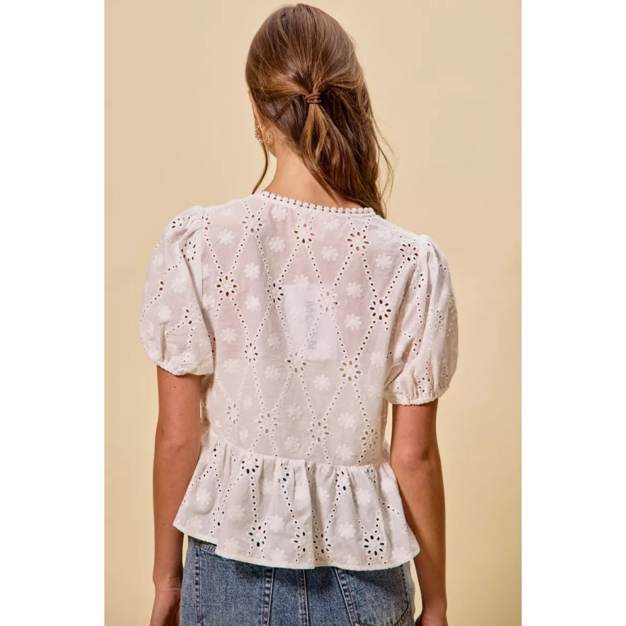 SO ME Cotton Eyelet Front Tie Short Sleeves Blouse Apparel and Accessories