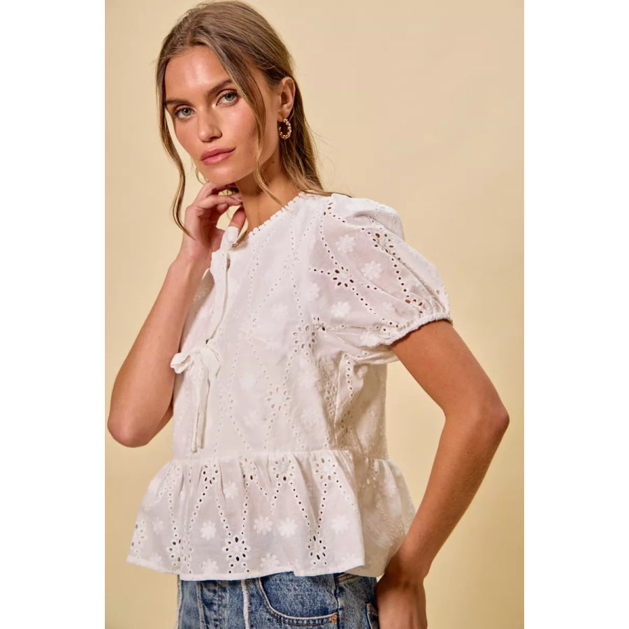 SO ME Cotton Eyelet Front Tie Short Sleeves Blouse Apparel and Accessories