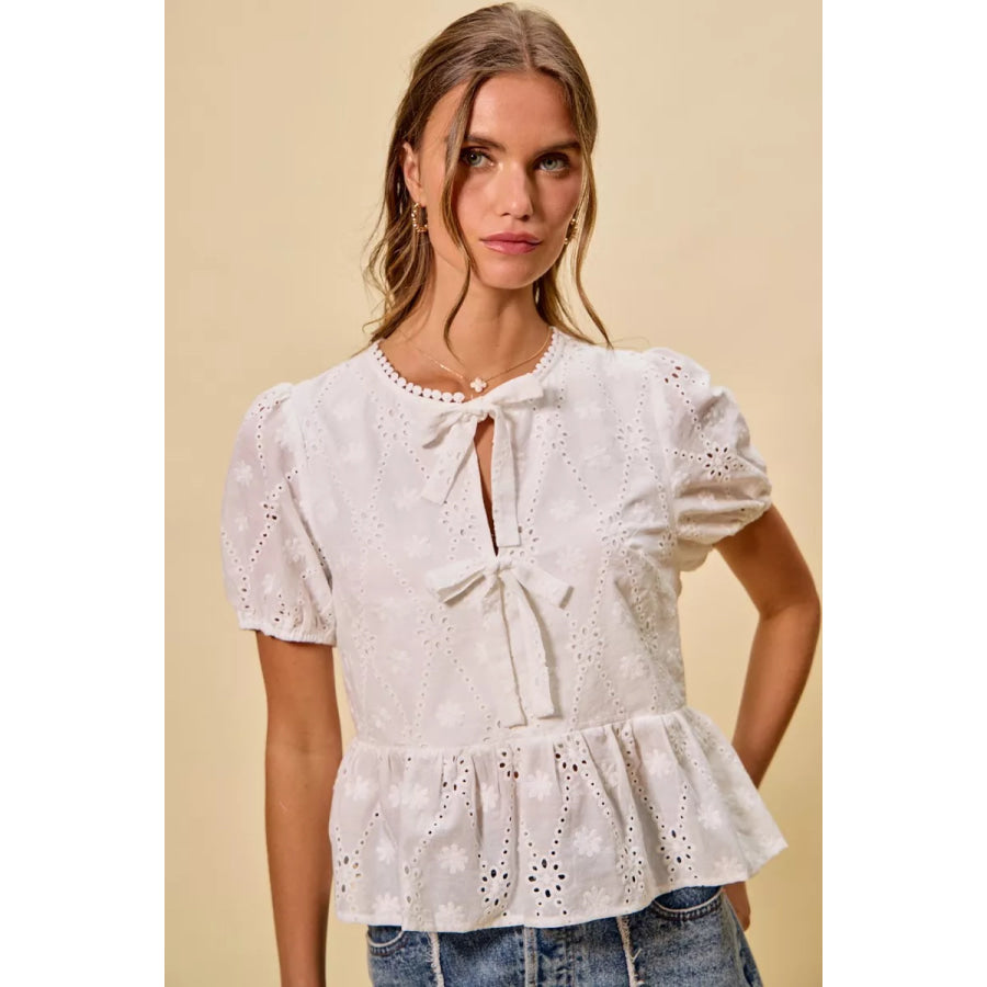 SO ME Cotton Eyelet Front Tie Short Sleeves Blouse Apparel and Accessories