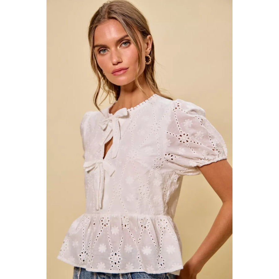 SO ME Cotton Eyelet Front Tie Short Sleeves Blouse Apparel and Accessories