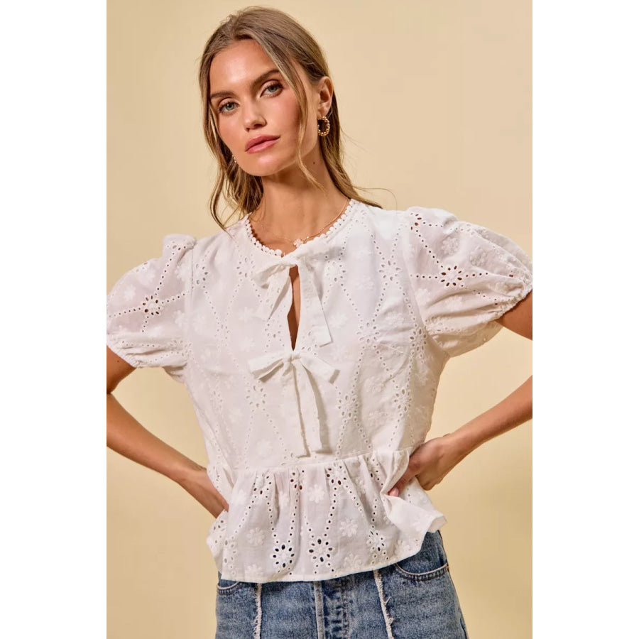 SO ME Cotton Eyelet Front Tie Short Sleeves Blouse Apparel and Accessories