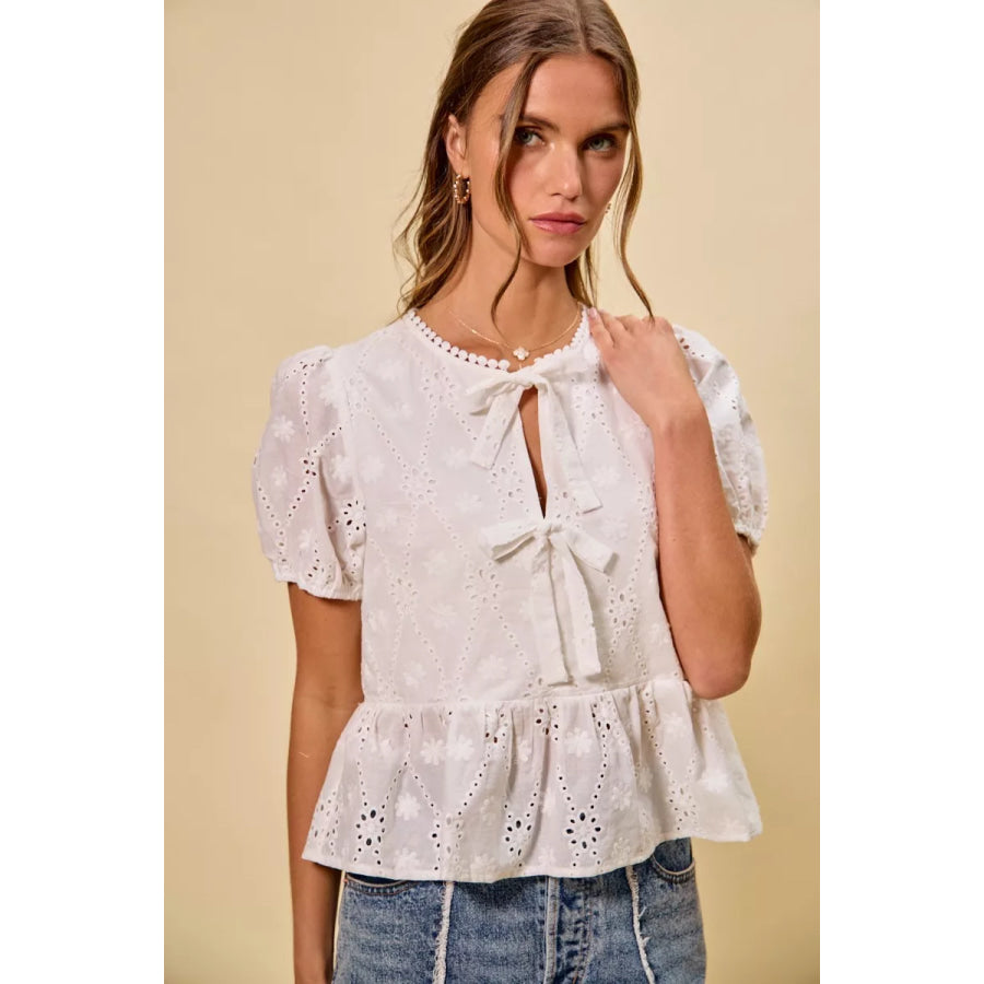 SO ME Cotton Eyelet Front Tie Short Sleeves Blouse Apparel and Accessories
