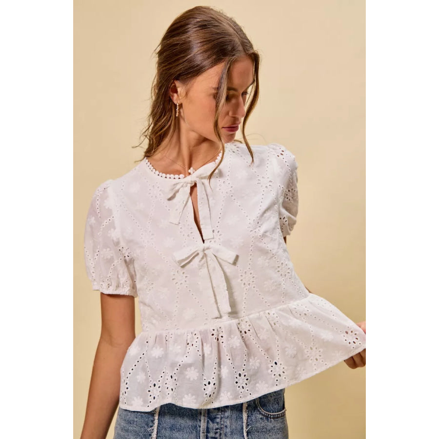 SO ME Cotton Eyelet Front Tie Short Sleeves Blouse Apparel and Accessories