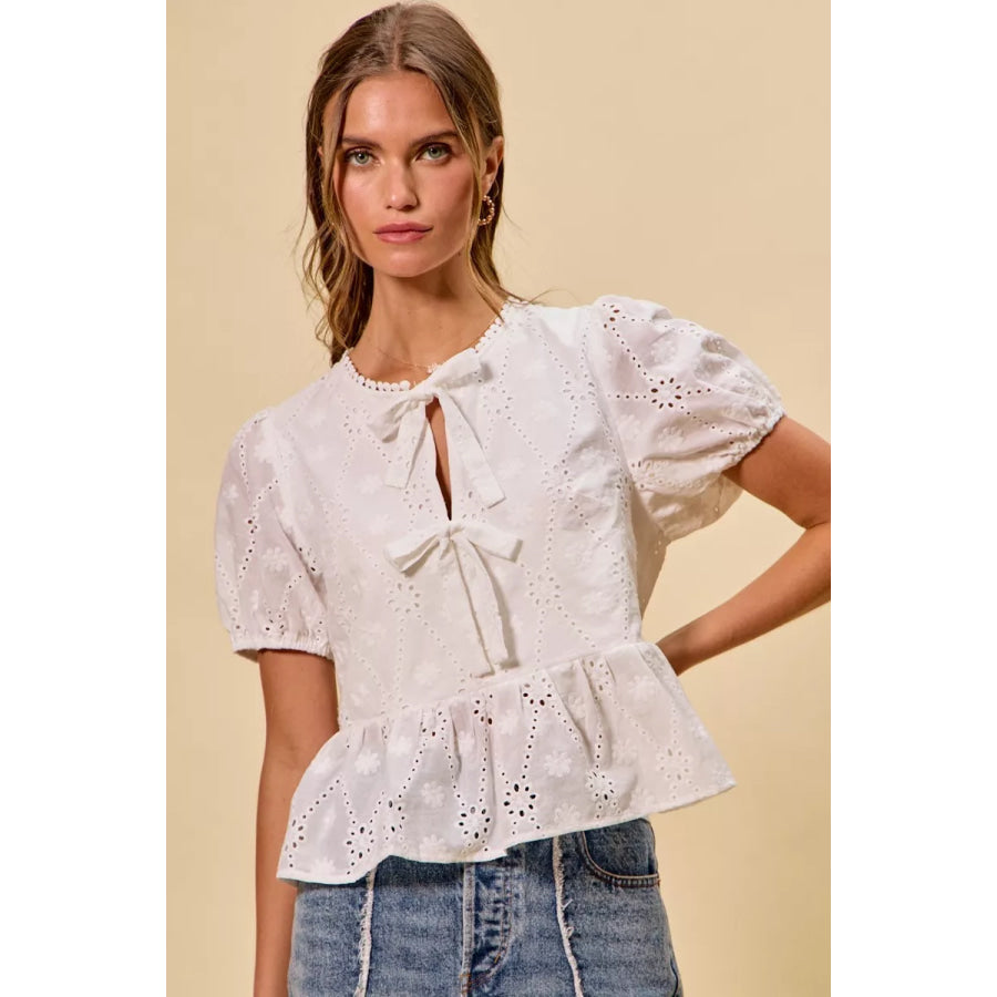 SO ME Cotton Eyelet Front Tie Short Sleeves Blouse Apparel and Accessories