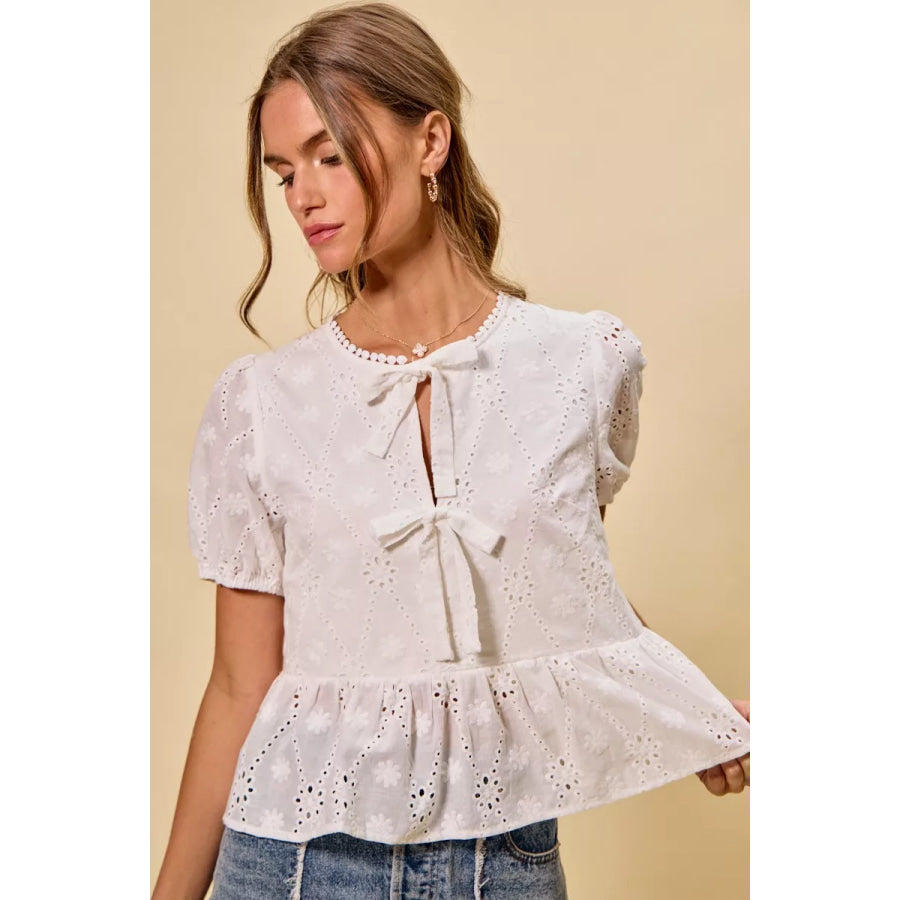 SO ME Cotton Eyelet Front Tie Short Sleeves Blouse WHITE / S Apparel and Accessories