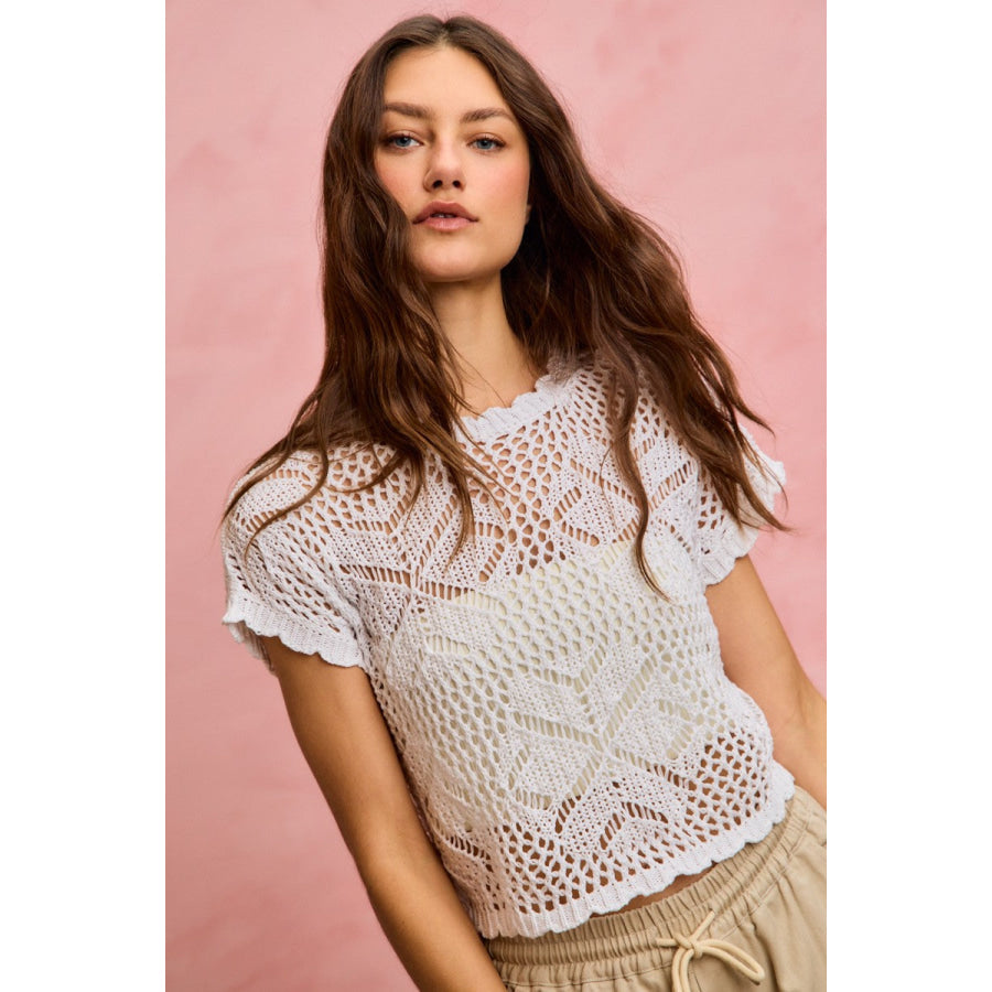 SO ME Crochet Scallop Edge Short Sleeves Knit Cover Up Apparel and Accessories