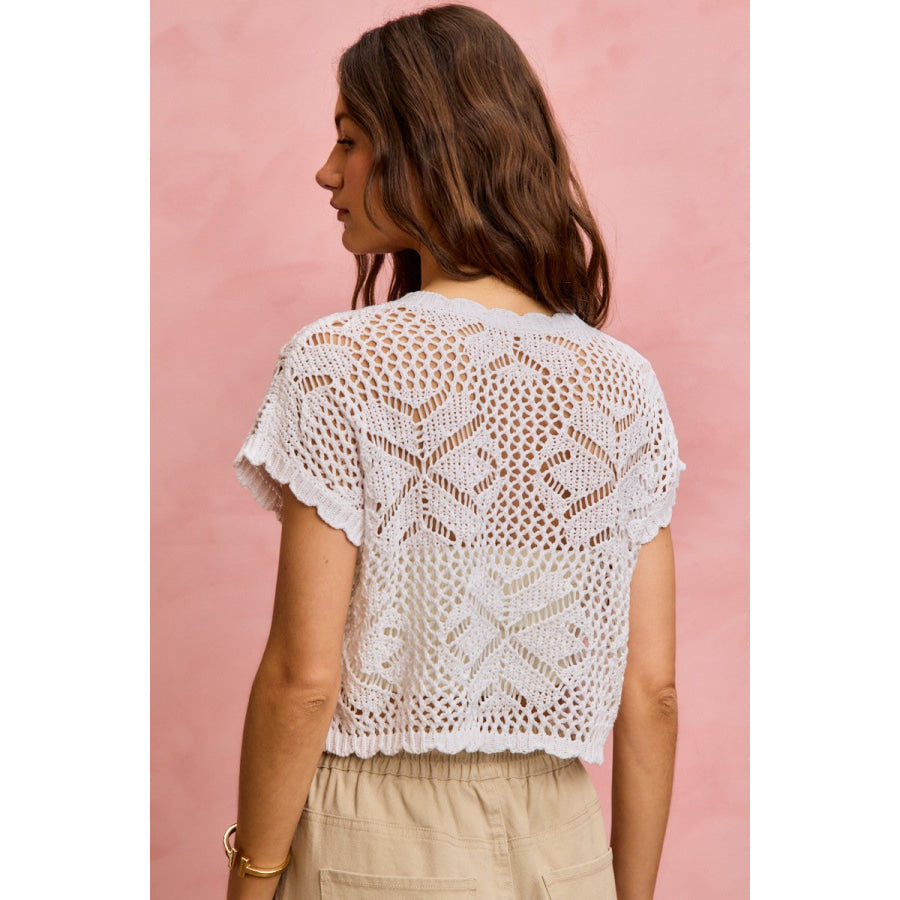 SO ME Crochet Scallop Edge Short Sleeves Knit Cover Up Apparel and Accessories