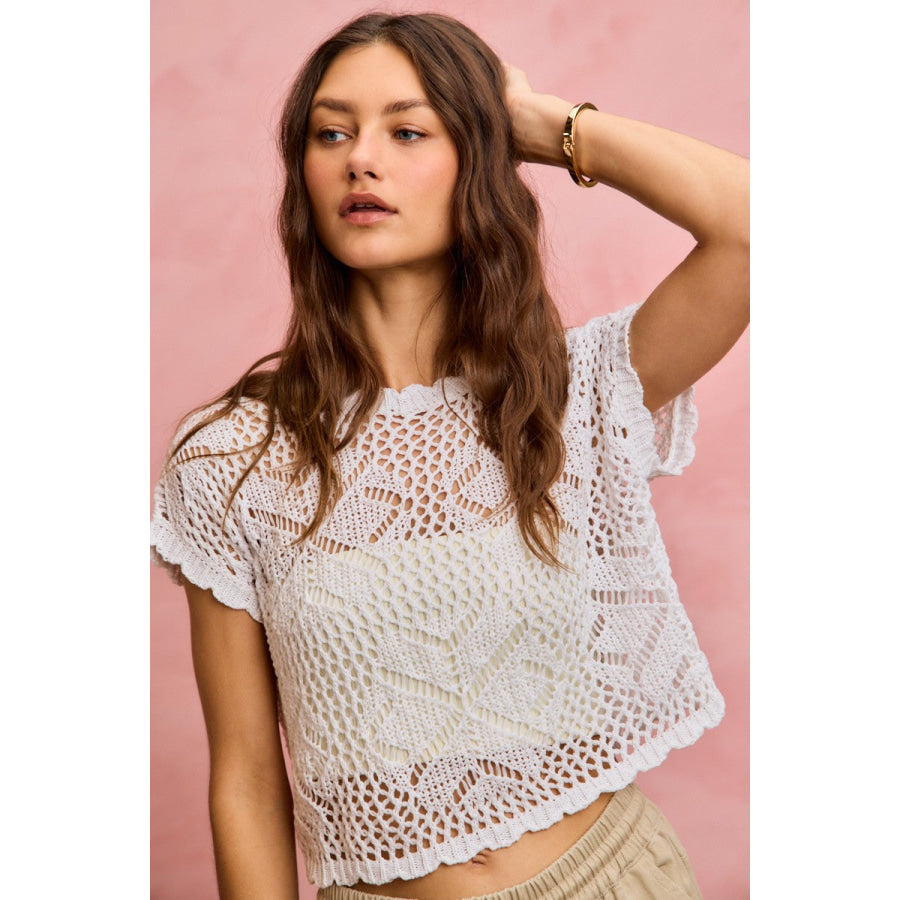 SO ME Crochet Scallop Edge Short Sleeves Knit Cover Up Apparel and Accessories