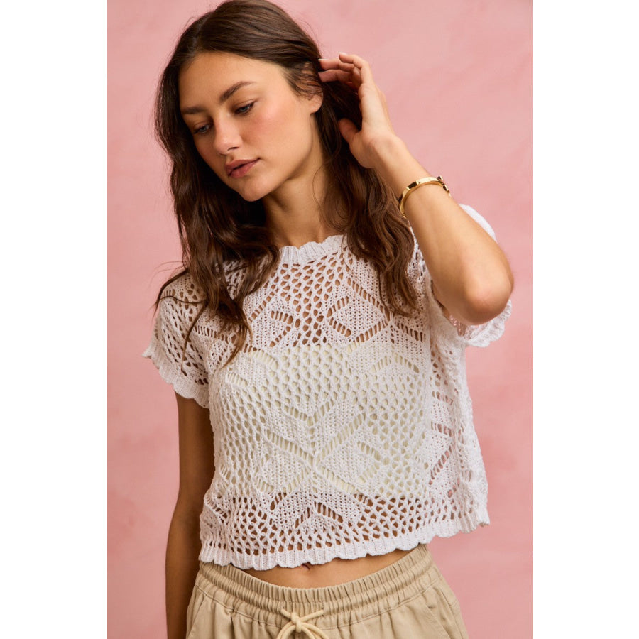 SO ME Crochet Scallop Edge Short Sleeves Knit Cover Up Apparel and Accessories