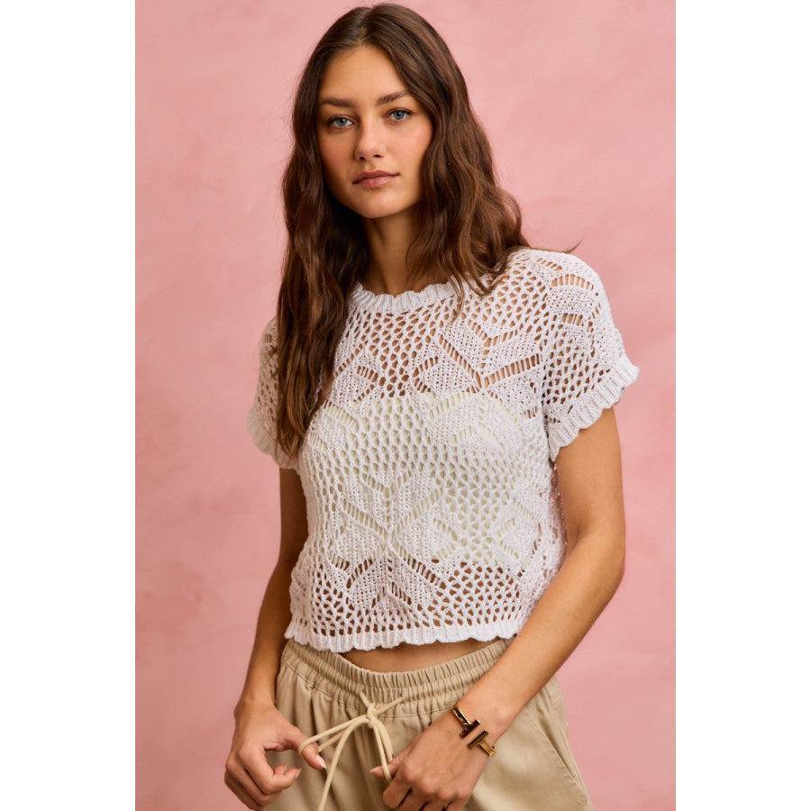 SO ME Crochet Scallop Edge Short Sleeves Knit Cover Up Apparel and Accessories