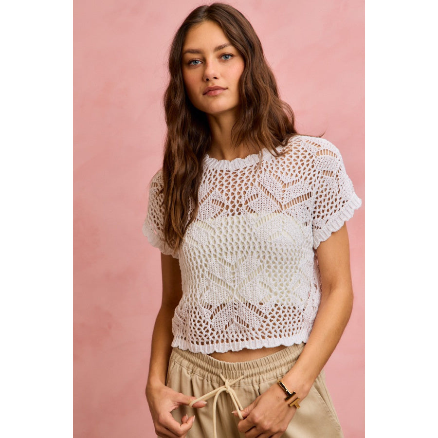 SO ME Crochet Scallop Edge Short Sleeves Knit Cover Up Apparel and Accessories