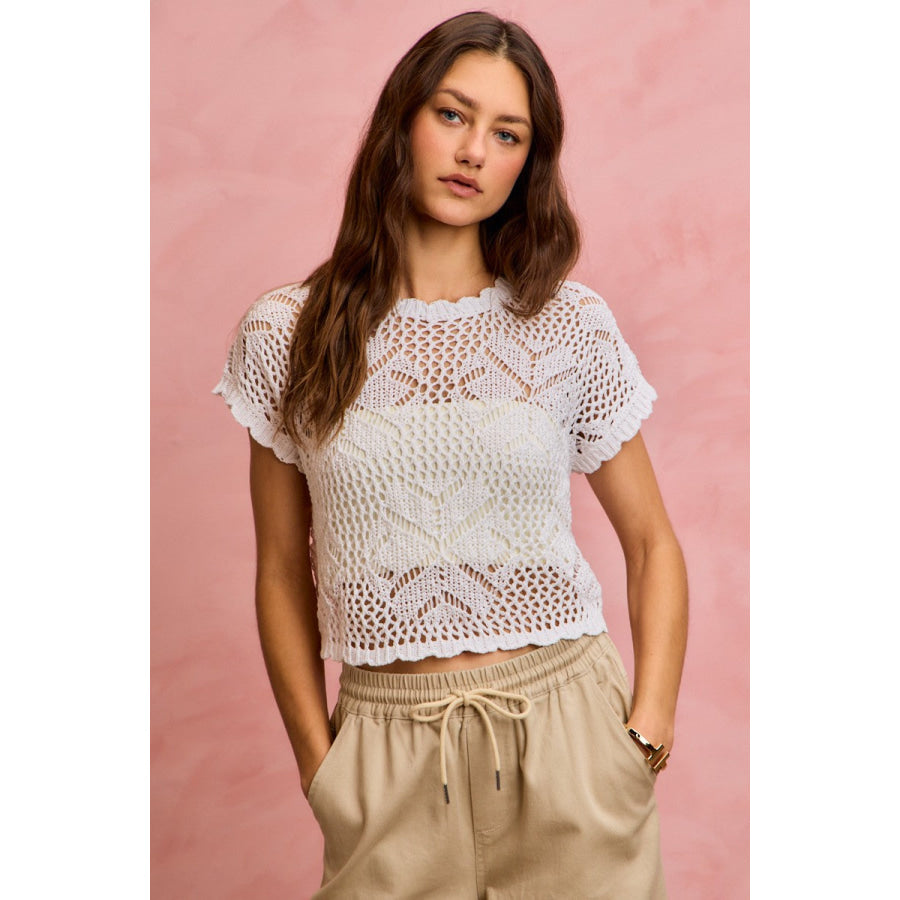SO ME Crochet Scallop Edge Short Sleeves Knit Cover Up Apparel and Accessories