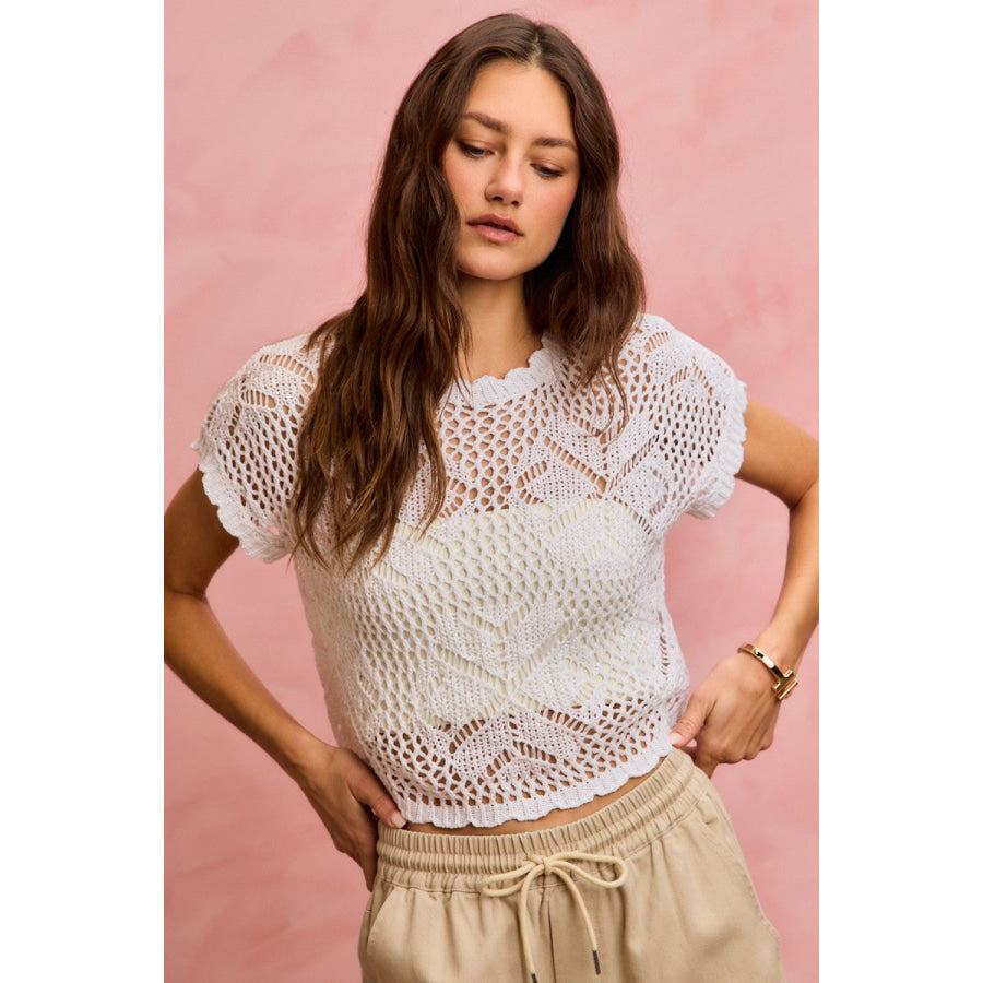 SO ME Crochet Scallop Edge Short Sleeves Knit Cover Up Apparel and Accessories