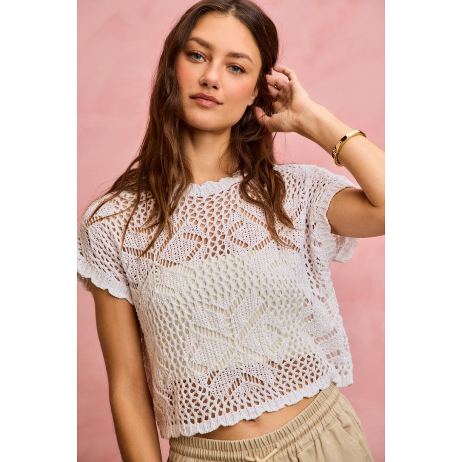 SO ME Crochet Scallop Edge Short Sleeves Knit Cover Up Apparel and Accessories
