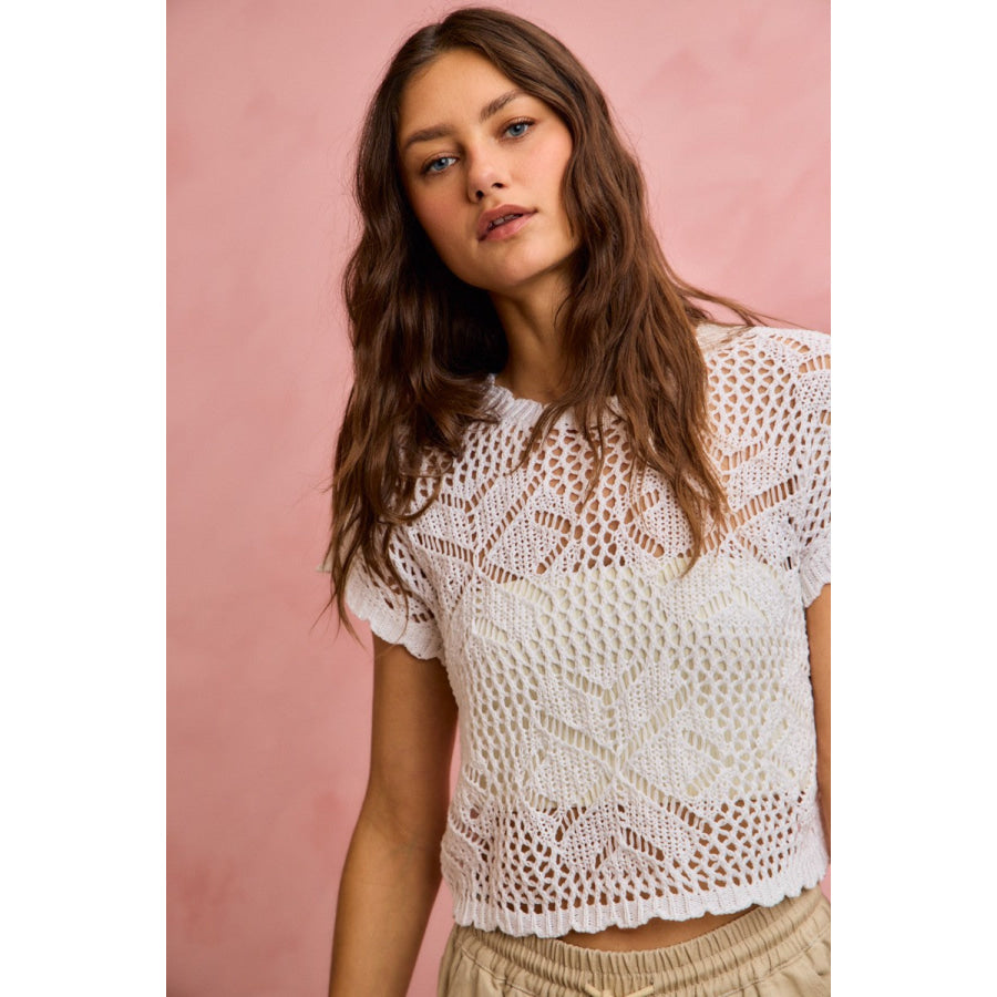SO ME Crochet Scallop Edge Short Sleeves Knit Cover Up Apparel and Accessories