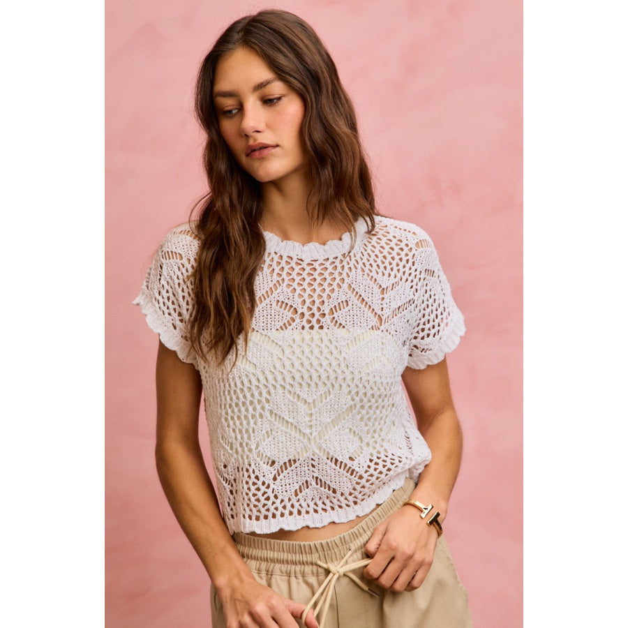 SO ME Crochet Scallop Edge Short Sleeves Knit Cover Up WHITE / S Apparel and Accessories