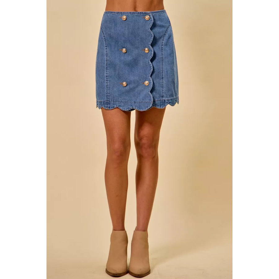 SO ME Denim Scalloped Buttoned Front Skirt Apparel and Accessories