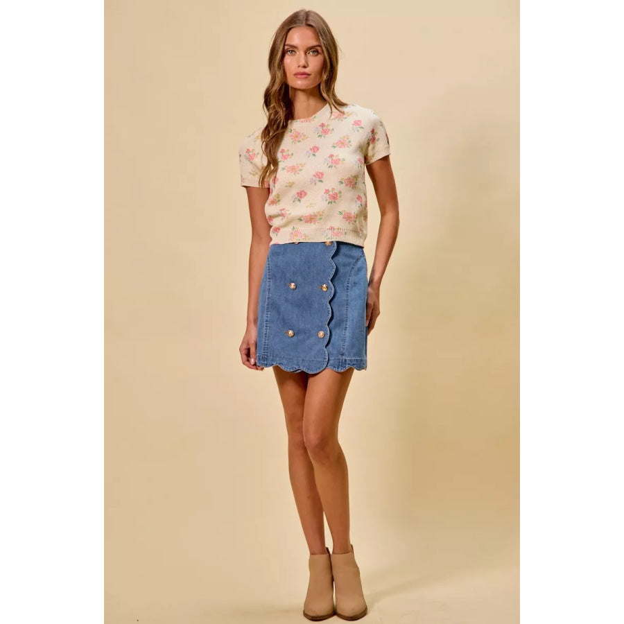 SO ME Denim Scalloped Buttoned Front Skirt Apparel and Accessories